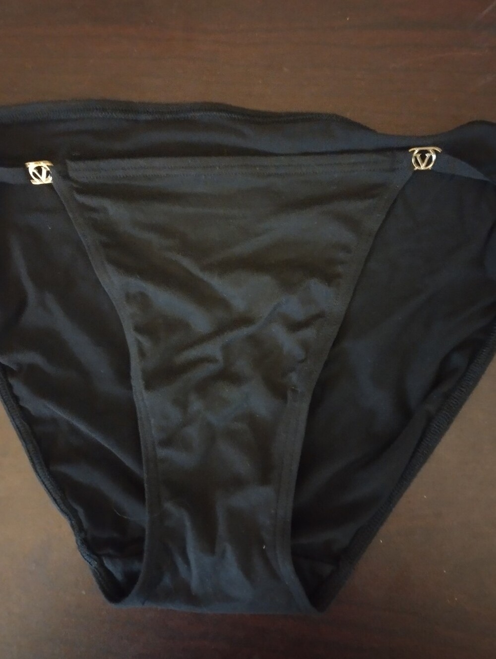 NWT Victoria's Secret Black Bikini Bottom with Gold V Logo Accents Small